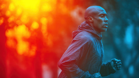 A Man jogging in park with vibrant lighting and colorful overlay, evoking energy and determinationの素材