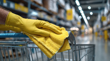 Cleaning with yellow gloves and cloth in warehouse shows disinfect effort to prevent virus spread and mysophobia in public spaces for safety.の素材