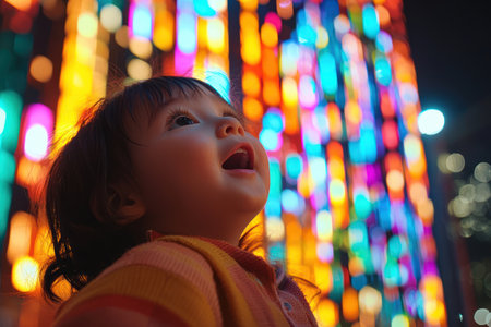 A close up of child gazing in amazement at vibrant light show, surrounded by colorful glowing lightsの素材