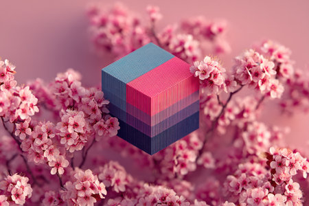 A vibrant cube with striped patterns floats among blooming pink flowers, evoking sense of and modern designの素材