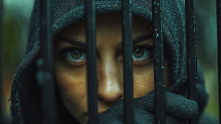 A person wearing hooded jacket and gloves stares intensely through metal bars, with raindrops visible bars, evoking senseの素材