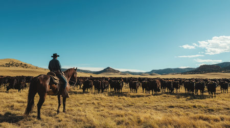 cowboy on horseback overseeing large herd of cattle grazing in open field under clear blue skyの素材