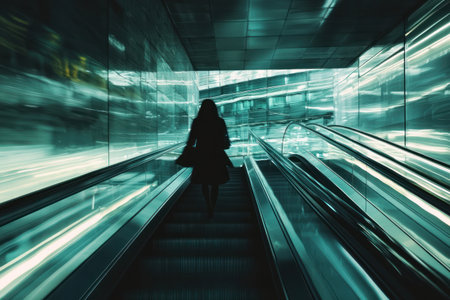 A silhouette of woman walking down escalator modern, illuminated space, showcasing dynamic light reflections and sense ofの素材