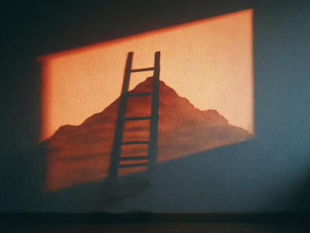 Ladder shadow on wall with mountain shape symbolizes growth ambition and leadership in warm light.の素材