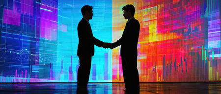 A Business negotiation between two men with colorful graphs in backgroundの素材