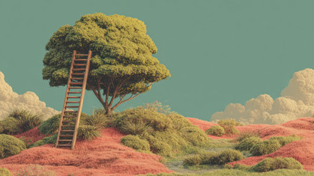 Climbing wooden ladder toward sustainable future in peaceful landscape with green tree and soft pink grass under calm blue sky.の素材