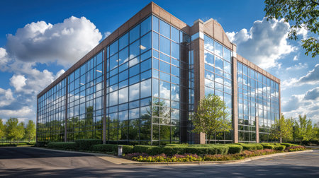 Modern commercial building with large glass windows and landscaped surroundingsの素材