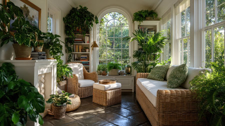 Cozy cottagecore living room with wicker furniture lush green plants and sunlight streaming through large windows creating peaceful natural vibeの素材