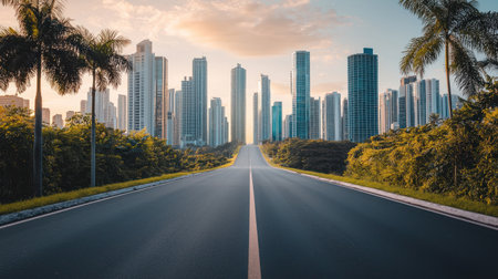 road leading to sustainable city, showcasing journey towards greener economy and ESG focused investingの素材