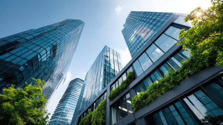 A Modern glass skyscrapers reflecting sunlight surrounded by vertical gardens and lush green trees, symbolizing eco consciousの素材