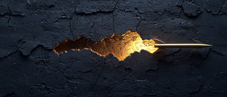 A golden arrow pierces through cracked dark wall, symbolizing breaking barriers and achieving success with determination and strengthの素材