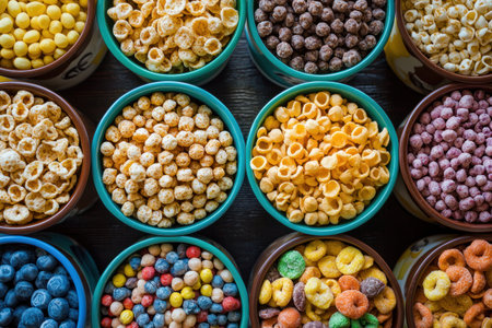 A Colorful cereal bowls filled with various breakfast cereals arranged neatlyの素材