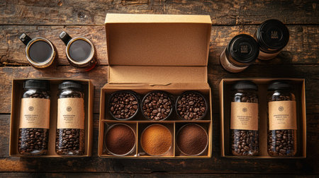 An Artisanal coffee gift set featuring roasted beans, ground coffee, and syrups in eco friendly packaging on rustic wooden tableの素材