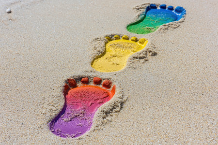 A Rainbow colored footprints leading forward sandy beach background, symbolizing progress rights activism during pride monthの素材