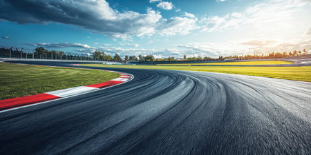 A hyperrealistic race car track with winding curve, showcasing vibrant green grass and dramatic skyの素材