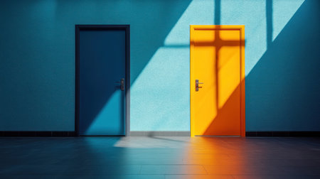 A symbolic office hallway with two doors, one brightly lit in yellow and other in shadow in blue, representing professional choice and contrastの素材