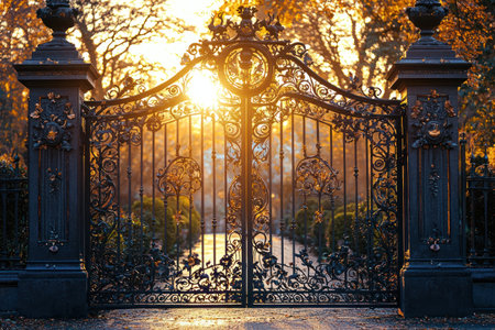 An ornate wrought iron gate with intricate details glows warmly in golden sunlight, surrounded by lush trees and serene pathwayの素材