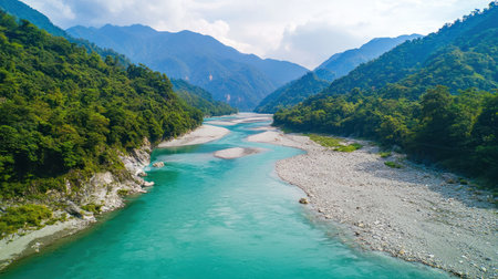 A crystal clear river winding through lush green mountains, showcasing pristine nature and clean water conservationの素材