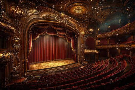 An ornate theater with golden details, red velvet curtains, and luxurious seating creates grand and elegant ambianceの素材
