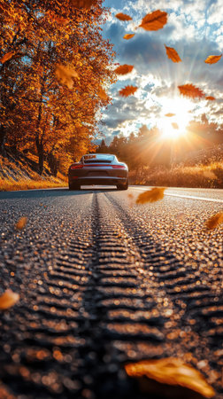 A Tire tracks on sunlit road with yellow leaves flying, sleek sports car in distance, surrounded by vibrant trees and glowing skyの素材