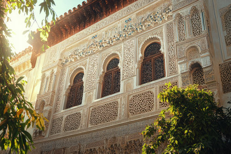 An ornate facade of historic building with intricate carvings, arched windows, and lush greenery in sunlightの素材