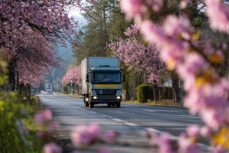 A logistic truck drives through scenic road lined with blooming pink flowers, creating vibrant and lively atmosphereの素材