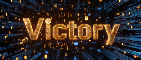 A Glowing digital text Victory with futuristic background, symbolizing success, winner, and triumph in high tech environmentの素材