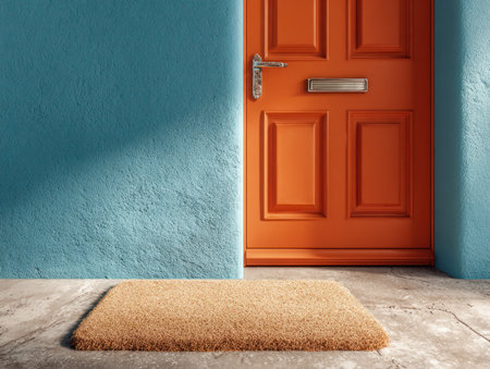 A bright orange door with doormat on concrete floor and blue textured wall creating welcoming residential apartment entrance for rent housingの素材