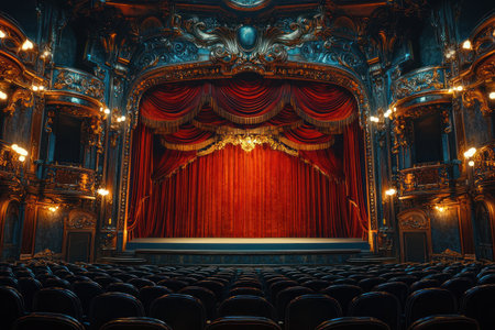 An ornate theater interior with red curtains, intricate gold detailing, and elegant seating creates grand and dramatic ambianceの素材
