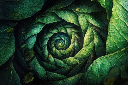 A mesmerizing spiral of vibrant green leaves forms natural pattern, evoking sense of tranquility and beauty of evergreen foliageの素材
