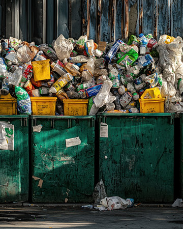An Overflowing waste bins filled with plastic and recyclable materialsの素材