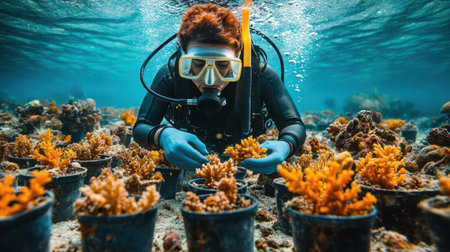 An underwater shot of scuba diver planting coral fragments on reef with vibrant orange coral in clear blue waterの素材