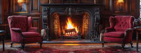 A cozy and ornate living room with roaring fireplace, flanked by two red tufted armchairs, exudes warmth and eleganceの素材