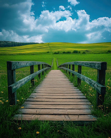 A wooden bridge leading into vast green field under blue skyの素材