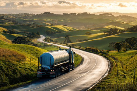A Truck transporting dairy products on winding road through countryside hills, showcasing serene landscape and golden lightの素材