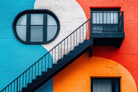 A vibrant building facade with colorful geometric patterns, featuring staircase and unique window designsの素材