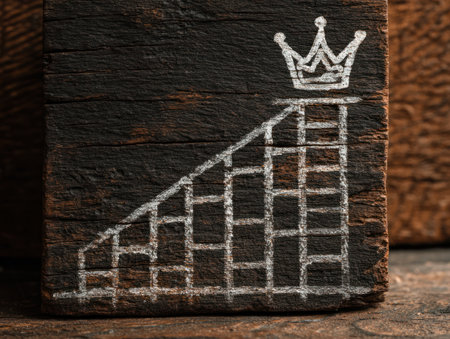 Growth and ambition lead to leadership success shown by chalk chart on wooden block with crown.の素材