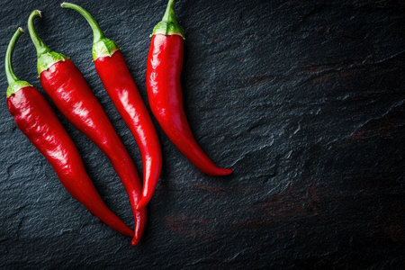 A Bright red chili peppers arranged on dark slate background, perfect for culinary themesの素材