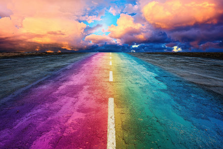 A vibrant rainbow road stretches towards colorful horizon, inviting joyful journeyの素材