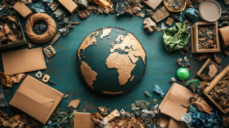 A recycled materials arranged in flat lay forming earth shape on blue wooden surface, symbolizing environmental care and sustainabilityの素材