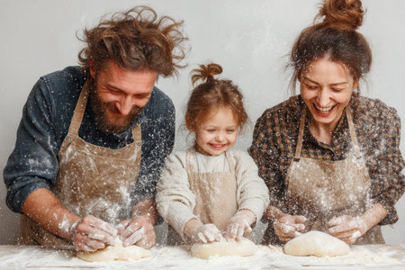 A Cheerful family baking together with flour in air, creating dough on clean white backgroundの素材