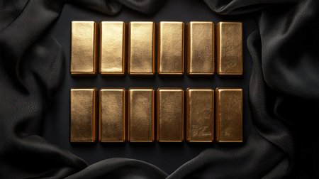 A gold bars arranged artistically on black silk background under spotlight, creating luxurious and elegant atmosphere with rich golden tonesの素材