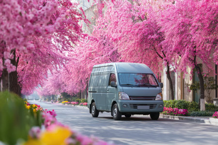 A logistic van drives through scenic street lined with vibrant pink blossoms, creating serene atmosphereの素材