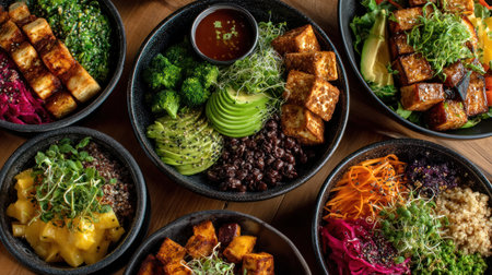 A colorful vegetarian bowls with tofu, avocado, broccoli, black beans, quinoa, and fresh sprouts arranged neatly for healthy mealの素材