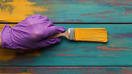 A woman hand in purple rubber glove painting wooden surface with yellow paint brush, creative home renovation and diy project with toolsの素材