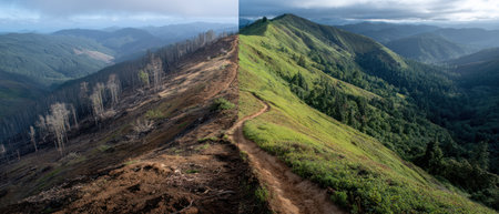 Sustainable path to success is shown by mountain ridge dividing barren land and lush green forest under cloudy sky.の素材