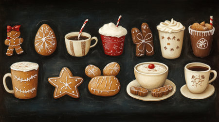 A gingerbread cookies and warm drinks create cozy day scene with festive shapes and sweet treats perfect for holiday enjoyment and comfortの素材