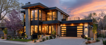 A modern realtor property with real estate agent housing and warm lights at sunset creating inviting atmosphere in residential neighborhoodの素材