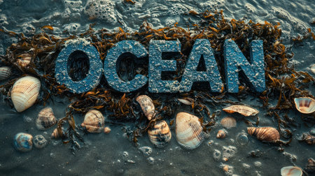 An ocean word spelled out in seaweed and shells on wet sand with bubbles and waterの素材
