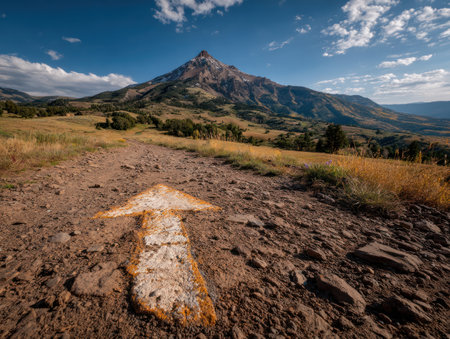 Sustainable path to success is shown by arrow on dirt trail leading toward mountain under bright blue sky with scattered clouds.の素材